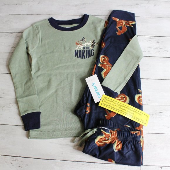 Carter's Boy's Pajama Set Youth Size 5 5T Green Navy Brown Motorcycles - Picture 1 of 5